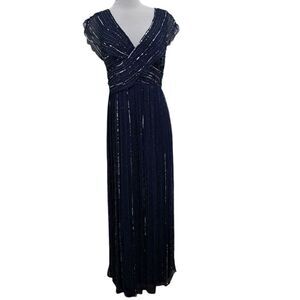 Patra Silk Elegant Sequin Beaded V Neck Party Maxi Dress Size 12 Navy